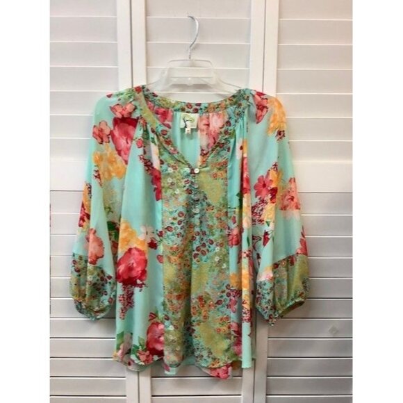 Fig & Flower Floral Print V-Neck Blouse With 3/4 Sleeves Womens M - Picture 1 of 3
